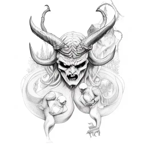 witch with satan and nature tattoo design idea