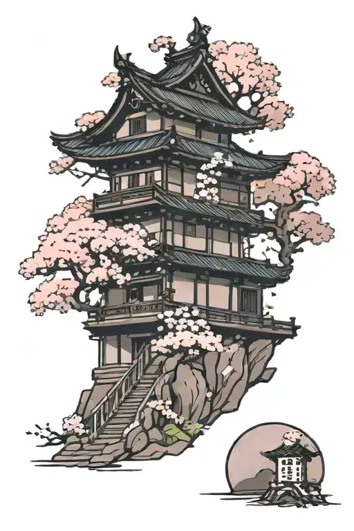 tower house with cherry blossom tree tattoo design idea