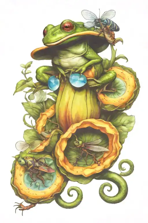 frog on lily pad catching a dragonfly tattoo design idea