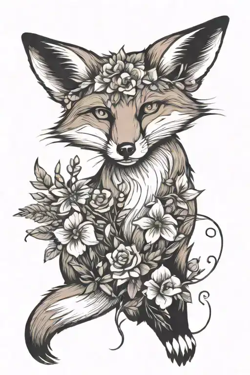 fox with flowers tattoo design idea