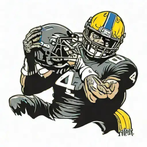 yellow m&m guy with buffalo bills football helmet doing the heisman trophy pose tattoo design idea