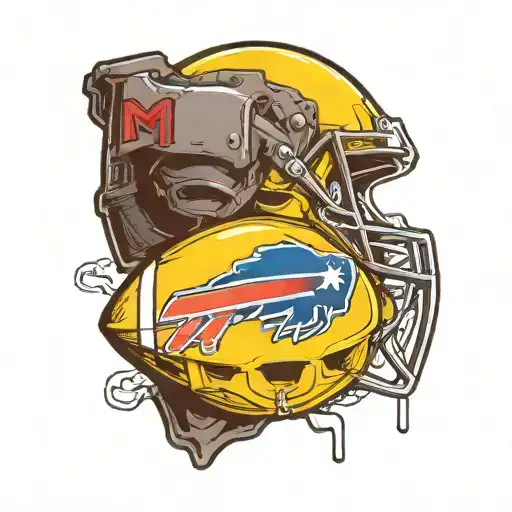 yellow m&m with buffalo bills football helmet doing the heisman trophy pose tattoo design idea