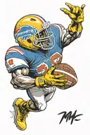 yellow m&m guy with buffalo bills football helmet doing the heisman trophy pose tattoo design idea