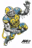 yellow m&m guy with buffalo bills football helmet doing the heisman trophy pose tattoo design idea