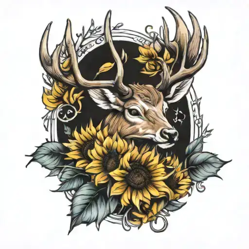 sunflowers and deer antlers tattoo design idea