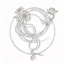The ouroboros, delicately drawn with fine lines, curves in a circular motion. Within the circle, subtle feminine details tattoo design idea