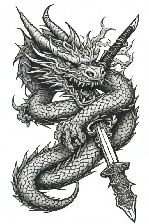 A fierce dragon intertwined with a katana sword, inspired by Chinese mythology tattoo design idea