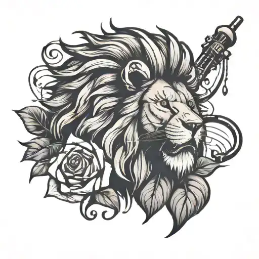 lion, mic music notes, rose, beat the odds tattoo design idea