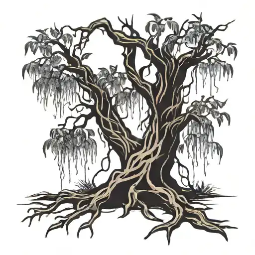 A tattoo of a weeping willow tree with bones intertwined in its branches, representing sadness and hidden meanings   tattoo design idea