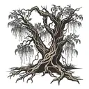 A tattoo of a weeping willow tree with bones intertwined in its branches, representing sadness and hidden meanings   tattoo design idea