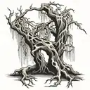A tattoo of a weeping willow tree with bones intertwined in its branches, representing sadness and hidden meanings   tattoo design idea