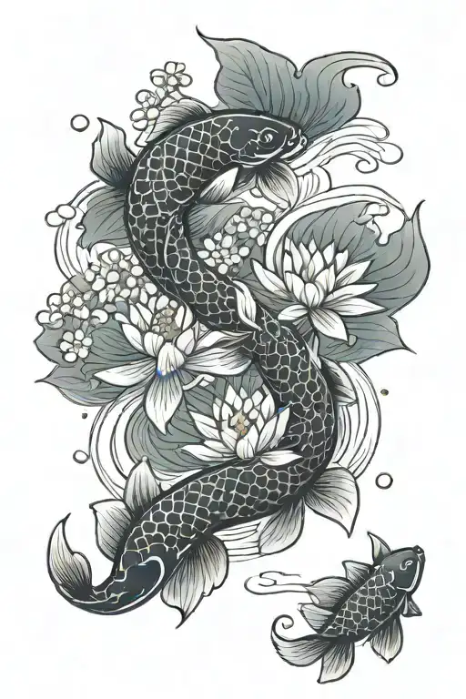 lotus blossoms cherry blossoms koi fish jumping tattoo design idea