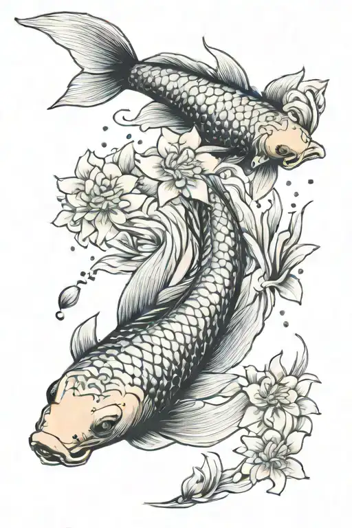 koi fish swimming lotus blossoms cherry blossoms falling tattoo design idea