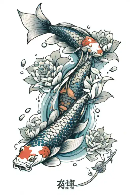 koi fish swimming lotus blossoms cherry blossoms falling tattoo design idea