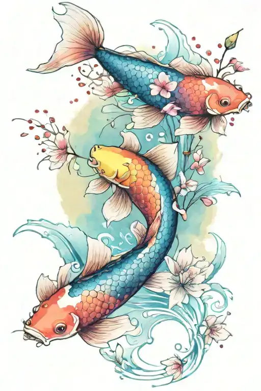 koi fish swimming lotus blossoms cherry blossoms falling cute fish bright colors  tattoo design idea