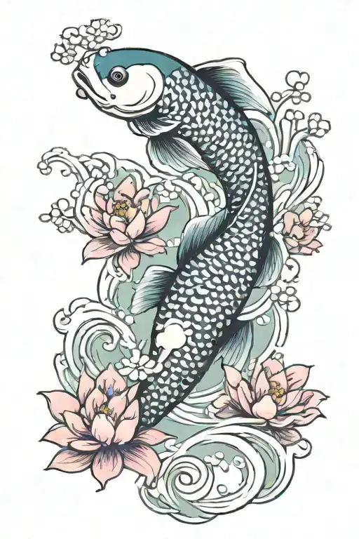 koi fish swimming lotus blossoms cherry blossoms falling cute fish bright colors  tattoo design idea