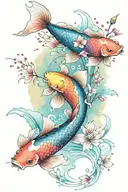 koi fish swimming lotus blossoms cherry blossoms falling cute fish bright colors  tattoo design idea