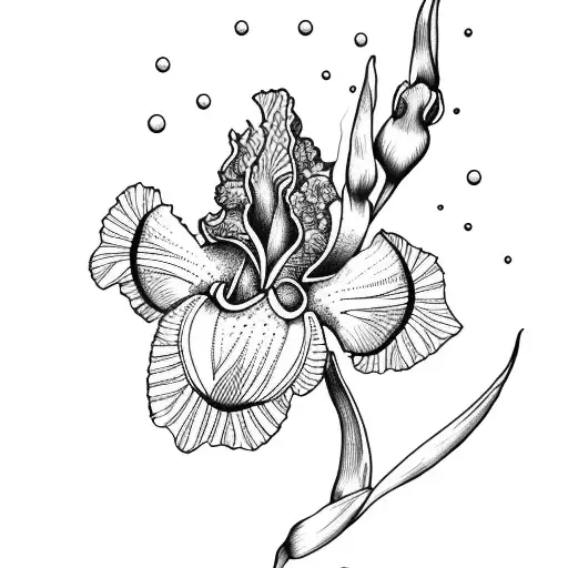 A dotwork tattoo of an iris flower surrounded by Arabic geometric patterns tattoo design idea