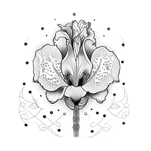 A dotwork tattoo of an iris flower surrounded by Arabic geometric patterns tattoo design idea