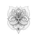 A dotwork tattoo of an iris flower surrounded by Arabic geometric patterns tattoo design idea