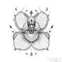 A dotwork tattoo of an iris flower surrounded by Arabic geometric patterns tattoo design idea