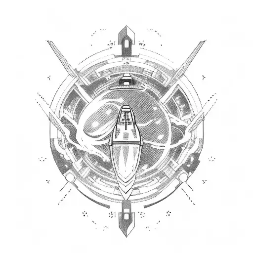 An anime-inspired spaceship flying through a galaxy filled with gaming symbols tattoo design idea