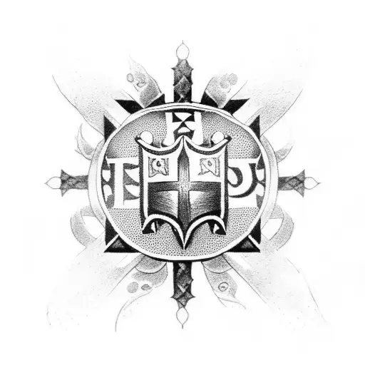 A dotwork tattoo depicting a shield with the emblem of the Knights Templar and a background of crossed swords tattoo design idea