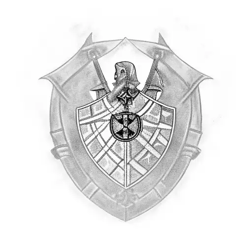 An intricate black and grey tattoo showcasing a guard protecting a medieval castle, with the emblem of the Knights Templar incorporated into the design. tattoo design idea