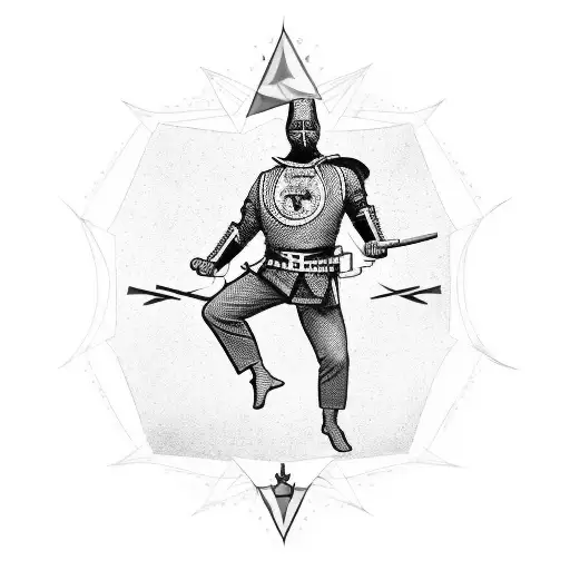 A dynamic composition featuring a martial artist performing a high kick with a gun in hand, surrounded by the symbols of the Knights Templar. tattoo design idea