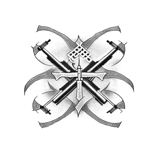 A dotwork tattoo featuring a stylized lorraine cross formed by the intersecting barrels of different guns, representing the client's love for combat sports and weaponry. tattoo design idea