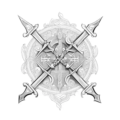 A detailed blackwork tattoo of a medieval crossbow with intricate engravings tattoo design idea