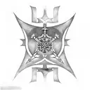 A dotwork tattoo depicting a shield with the emblem of the Knights Templar and a background of crossed swords tattoo design idea