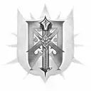 A dotwork tattoo depicting a shield with the emblem of the Knights Templar and a background of crossed swords tattoo design idea