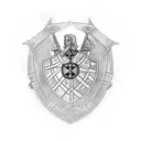 An intricate black and grey tattoo showcasing a guard protecting a medieval castle, with the emblem of the Knights Templar incorporated into the design. tattoo design idea