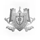 An intricate black and grey tattoo showcasing a guard protecting a medieval castle, with the emblem of the Knights Templar incorporated into the design. tattoo design idea