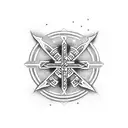 A dotwork tattoo featuring a stylized lorraine cross formed by the intersecting barrels of different guns, representing the client's love for combat sports and weaponry. tattoo design idea