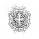 A dotwork tattoo featuring a stylized lorraine cross formed by the intersecting barrels of different guns, representing the client's love for combat sports and weaponry. tattoo design idea