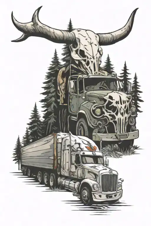 truck driving in the forest landscape western bull skull tattoo design idea