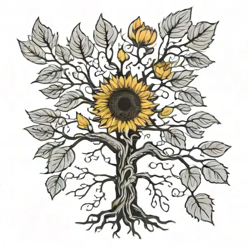 a black and white oak tree with roots forming with a coloured sunflower under its branches  tattoo design idea