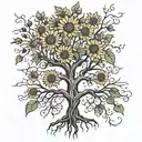 a black and white oak tree with roots forming with a coloured sunflower under its branches  tattoo design idea
