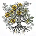 a black and white oak tree with roots forming with a coloured sunflower under its branches  tattoo design idea