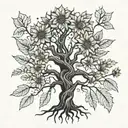 a black and white oak tree with roots forming with a coloured sunflower under its branches  tattoo design idea