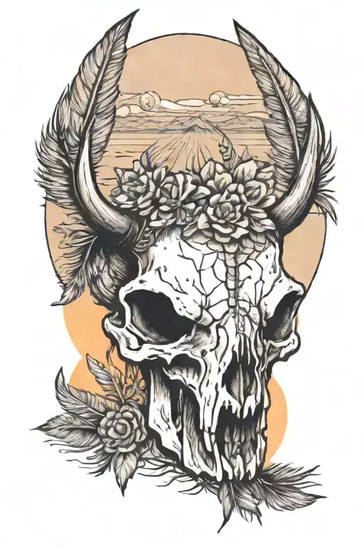 bison skull, feather, sunset, joshua tree growing tattoo design idea
