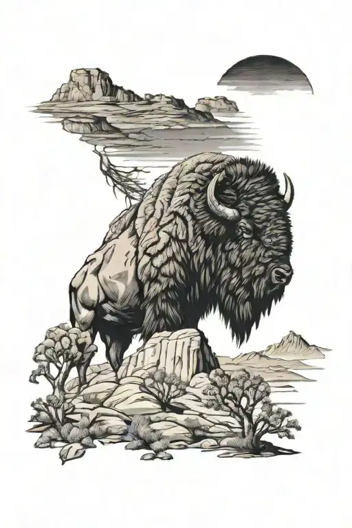 bison, feather on horn, sunset, joshua tree growing, mountains tattoo design idea