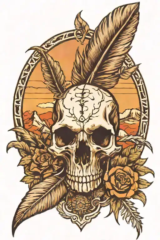 animal skull feather on horn, sunset, joshua tree growing, mountains tattoo design idea