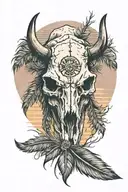 bison skull, feather, sunset, joshua tree growing tattoo design idea