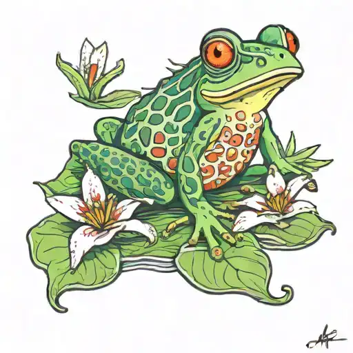 frog on lily pad with evil eye on belly tattoo design idea