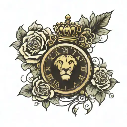 100 dollar bill rose old clock and lion with a crown tattoo design idea