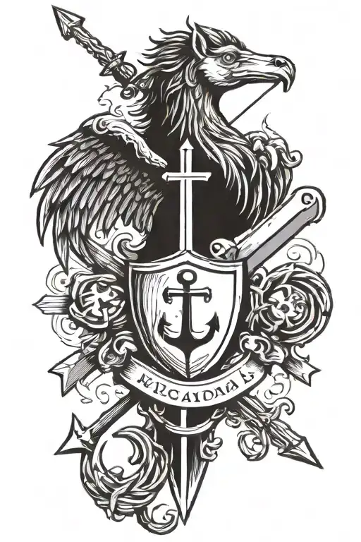 coat of arm with pegasus, an anchor, a burning arrow weapon and a cross. tattoo design idea