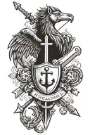 coat of arm with pegasus, an anchor, a burning arrow weapon and a cross. tattoo design idea